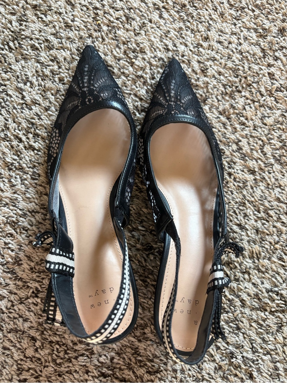 Black Lace Pointed Slingback Kitten Heels